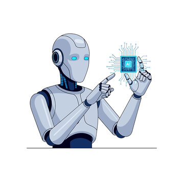 Robot Interacting With Digital Chip Technology.