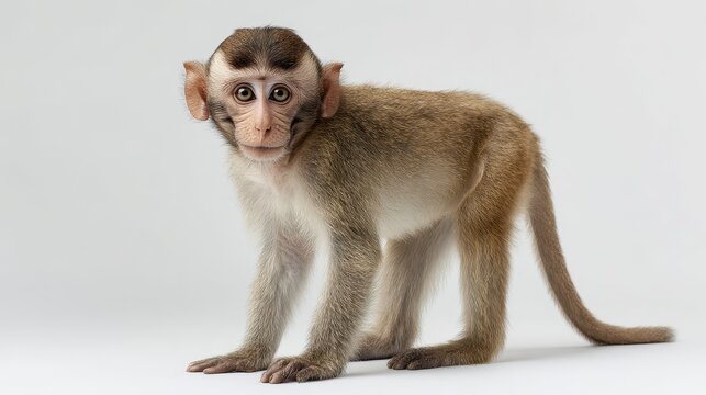 Curious infant macaque posed on white background for education