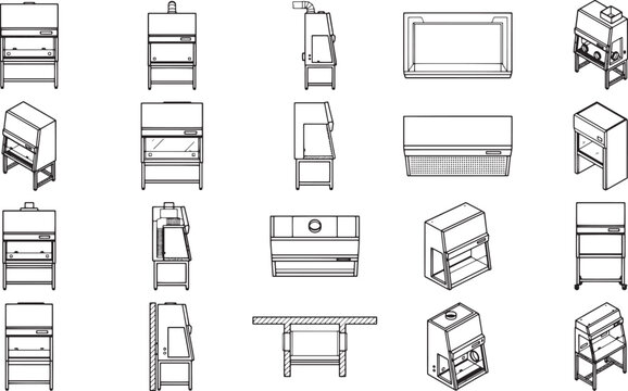 A collection of detailed line drawings showcases an array of specialized equipment, illustrating laboratory benches and associated components for scientific research. 