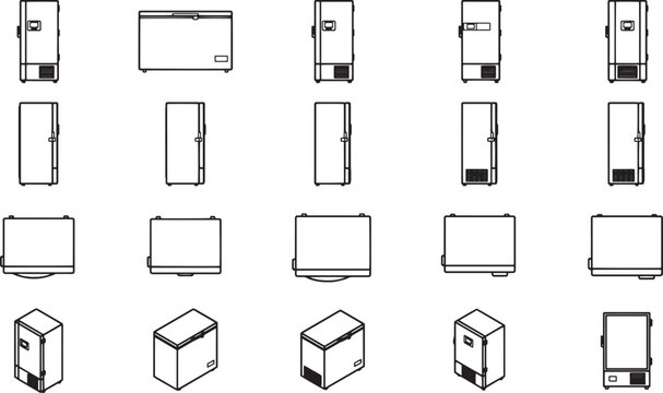 Illustrated array of refrigerators and freezers, showcasing a variety of designs and perspectives in a streamlined and technical layout.