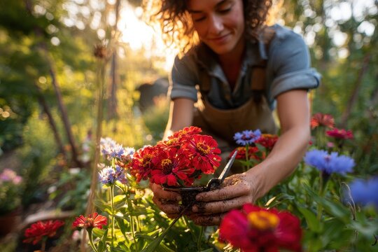 Harvest in a sunlit summer garden: a woman gardener picks red zinnias and blue bachelor&acirc;&euro;&trade;s buttons