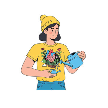 Woman holding flower pot and watering.