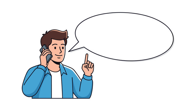 Young man in a blue shirt talking on a mobile phone and gesturing towards a large empty speech bubble for text placement.