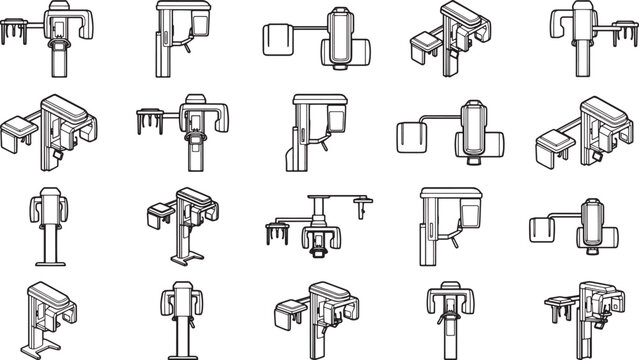 Array of drill press machines in a row, each isolated, providing a clear view of its features and design.