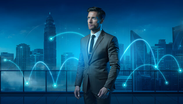 Businessman stands on futuristic city skyline with glowing network connections at night.