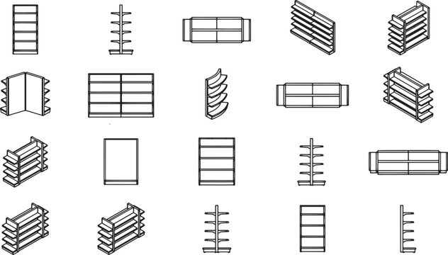 Showcasing a collection of minimalistic shelf designs with clean lines and diverse arrangements. The shelves are designed for practicality, storage, and display in an environment.