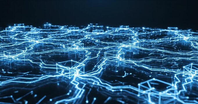 Futuristic digital network with glowing blue lines and nodes creating a tech landscape