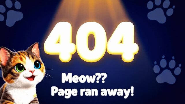 Humorous cartoon cat with bright eyes and paw prints creates a fun 404 error page illustration