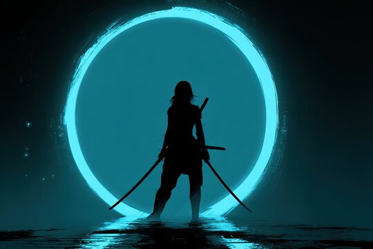 Epic silhouette art: a stealthy woman fighter with two katanas confronting a neon portal in a moody sci-fi fantasy setting