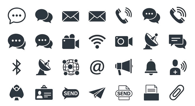 Black icons of digital communication tools.