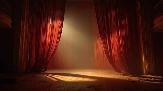 Empty theater stage with rich red velvet curtains and warm moody lighting