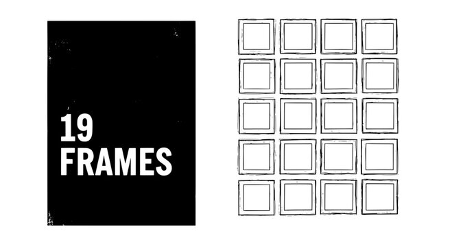 Frames photo collage layout template with 19 picture placeholders in a grid for modern design mockups