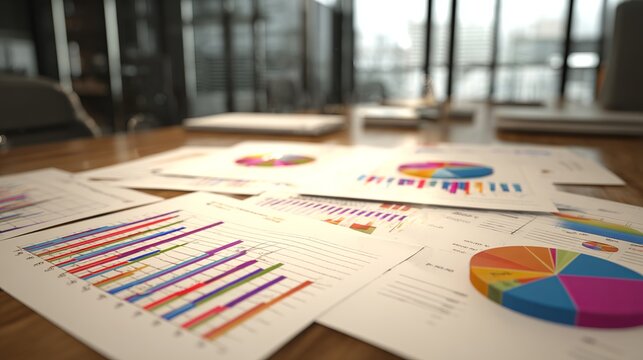 Investment portfolio analysis with financial documents, printed bar charts and pie charts on executive office desk, modern corporate photography