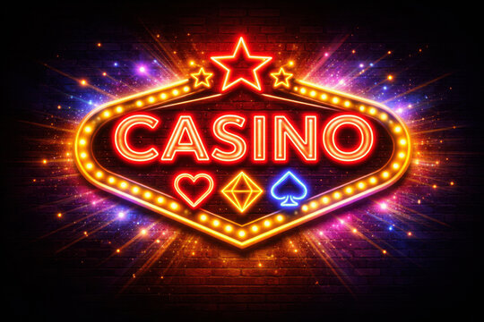 Bright neon casino sign with glowing stars and card suit symbols on dark brick wall. Vibrant nightlife concept with colorful lights and retro style signage.