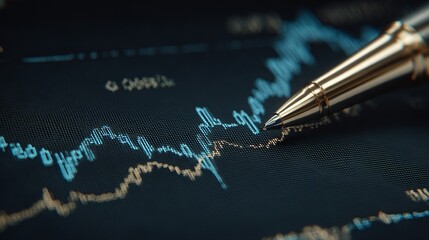 Fototapeta na wymiar Macro close up of financial chart with bullish trend line and pen marking trading signals, dramatic directional lighting