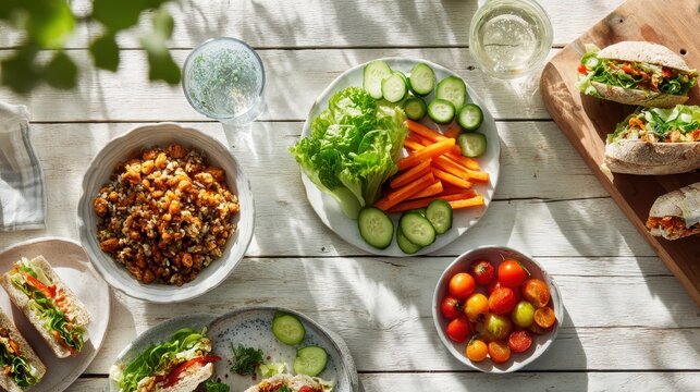 Bright top-down table scene with balanced lunch items on a white wood surface and space for copy