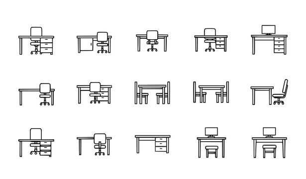 Minimal line desk and chair icon set with office classroom and dining table furniture vector collection