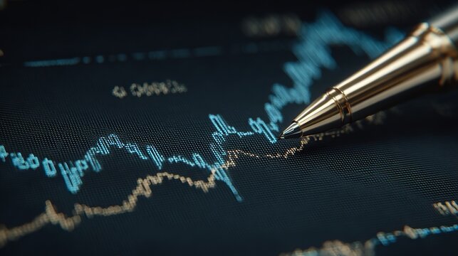 Macro close up of financial chart with bullish trend line and pen marking trading signals, dramatic directional lighting