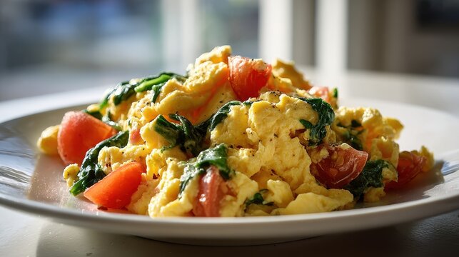 Creamy scrambled eggs with spinach and tomatoes served on a simple white plate