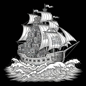 Vintage Engraving Style Illustration of a Pirate Ship Overflowing with Treasure Chests Sailing on Rough Ocean Waves