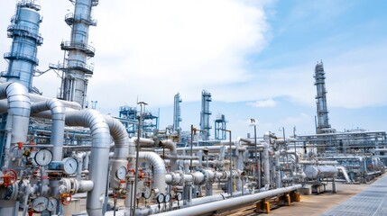 Fototapeta premium Oil refinery production complex piping system against sky