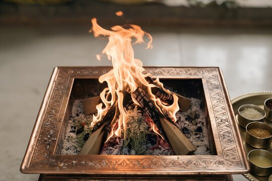 Traditional Havan Kund: High-Resolution Close-Up of Indian Sacred Fire Ritual (Fire Pit)