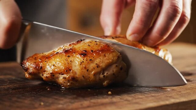 Close-up of a hand slicing juicy cooked chicken breast on a rustic wooden cutting board