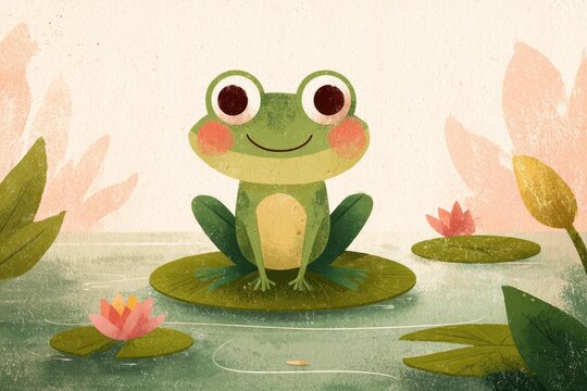 Cartoon baby smiling frog on a lily pad in a naif childish drawing style