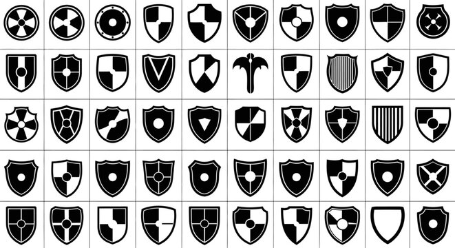 Collection of various shield logos and icons in black and white symbolizing protection and security