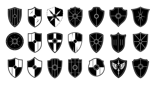 Collection of 20 unique black and white shield logos with various geometric patterns and designs on a plain white background