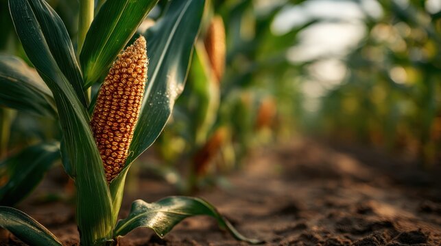 Close-up of corn ears on tall stalks in a sunlit cornfield, warm rural scene