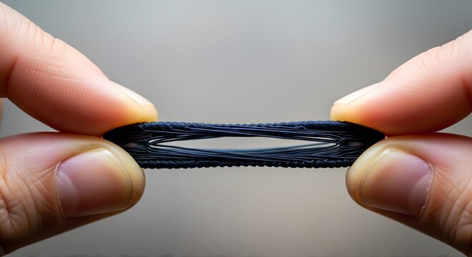 A close-up shot of human fingers stretching a black elastic hair tie, showcasing its flexibility and texture against a blurred background.
