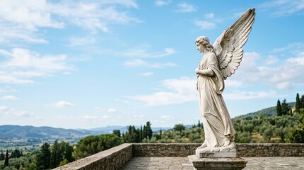Obraz premium Serene angel statue overlooking a rolling Tuscan landscape under a blue sky