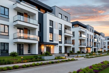 Fototapeta premium Modern apartment building exterior at sunset, residential architecture