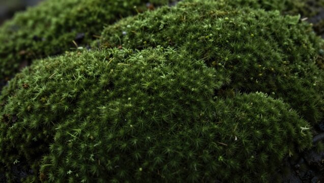 Moss forming dense cushion on damp rock surface closeup