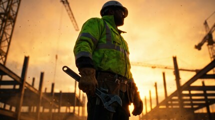 Low Angle Silhouette of Worker Holding Hammer and Wrench at Sunset