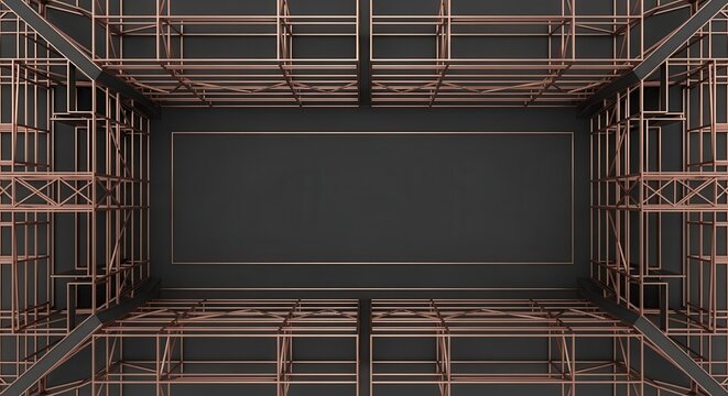 Geometric rose gold metal framing creates a symmetrical corridor leading to a dark central panel.