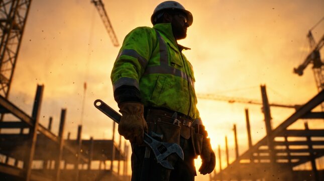 Low Angle Silhouette of Worker Holding Hammer and Wrench at Sunset