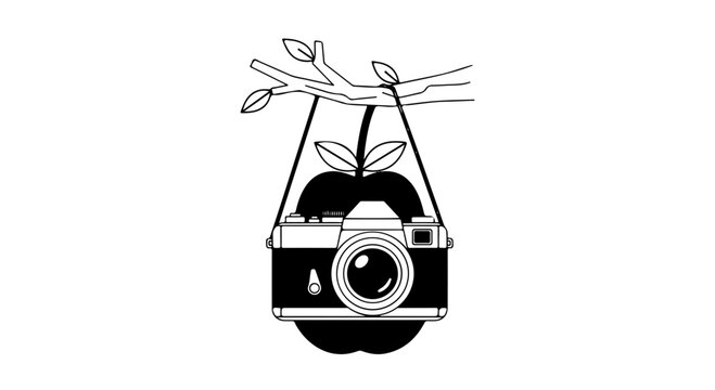 Black and white illustration of camera hanging from tree branch with leaves photography concept