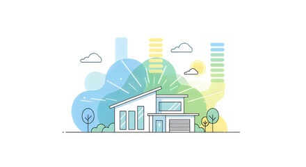 Fototapeta premium Watercolor illustration of a house with abstract mountain and sky background