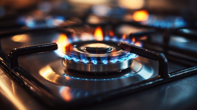 Close-up photograph of a lit gas stove burner with blue flames and orange tongues in a modern kitchen