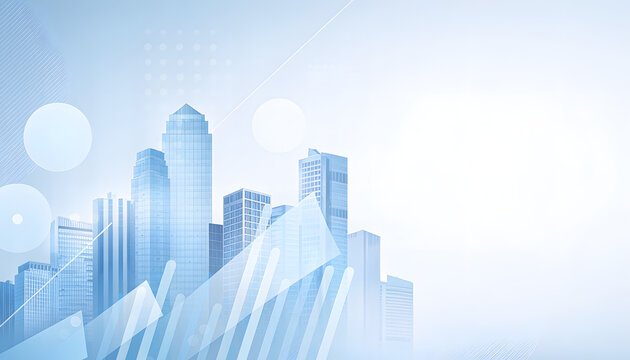 Modern city skyline blends with abstract business shapes in soft blue tones.