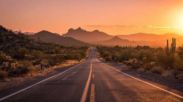 Golden Hour Drive on a Southwest Desert Road in Arizona