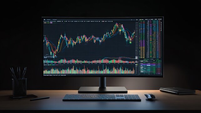 Modern home trading setup with large monitor displaying colorful candlestick charts and technical analysis indicators, LED backlit desk with keyboard and notebook