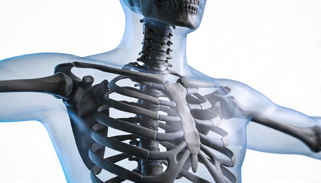 Close-up of a human skeletal system showing the rib cage, spine, and shoulder bones with a translucent outer layer
