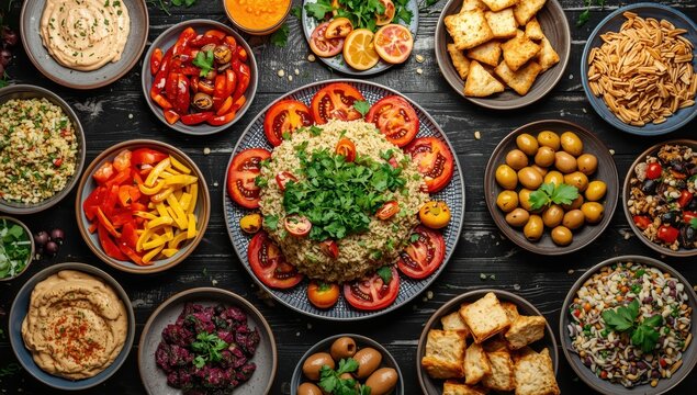 Middle Eastern or Arab cuisine featuring various meze and snacks, including tabbouleh salad, olives, tomatoes, and herbs. Traditional tabbouleh salad displayed in a long banner format from above.