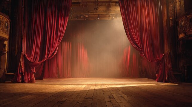 Empty theater stage with rich red velvet curtains and warm moody lighting