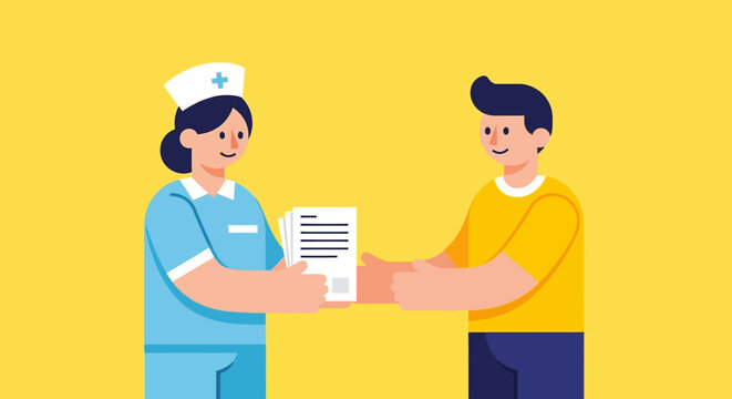 Nurse handing document to patient.