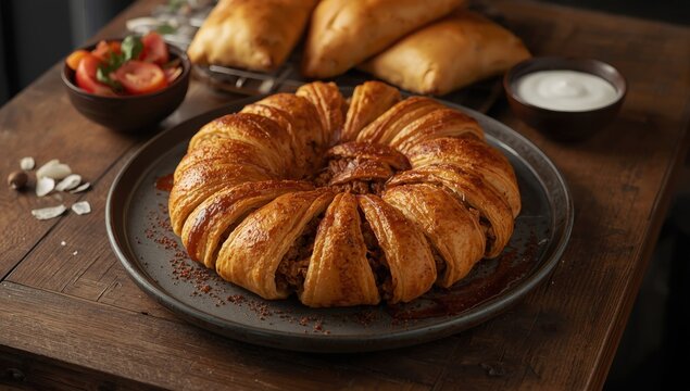 Turkish tray pastry, round borek (rulo borek).