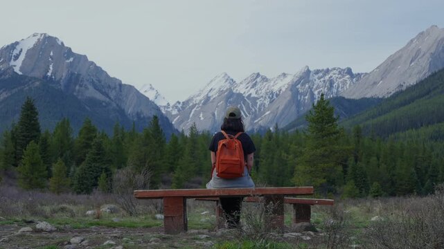 Woman hiker sitting on a wooden bench enjoying the scenic mountain and forest view in Banff national park